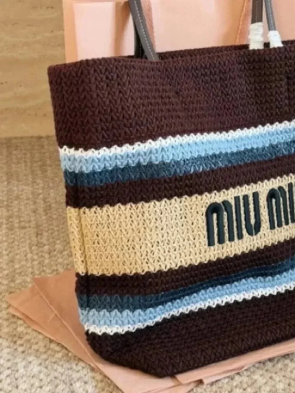 Miu Miu Striped Knitted Large Tote Bag Logo Embroidery Summer Beach Shopper Hand